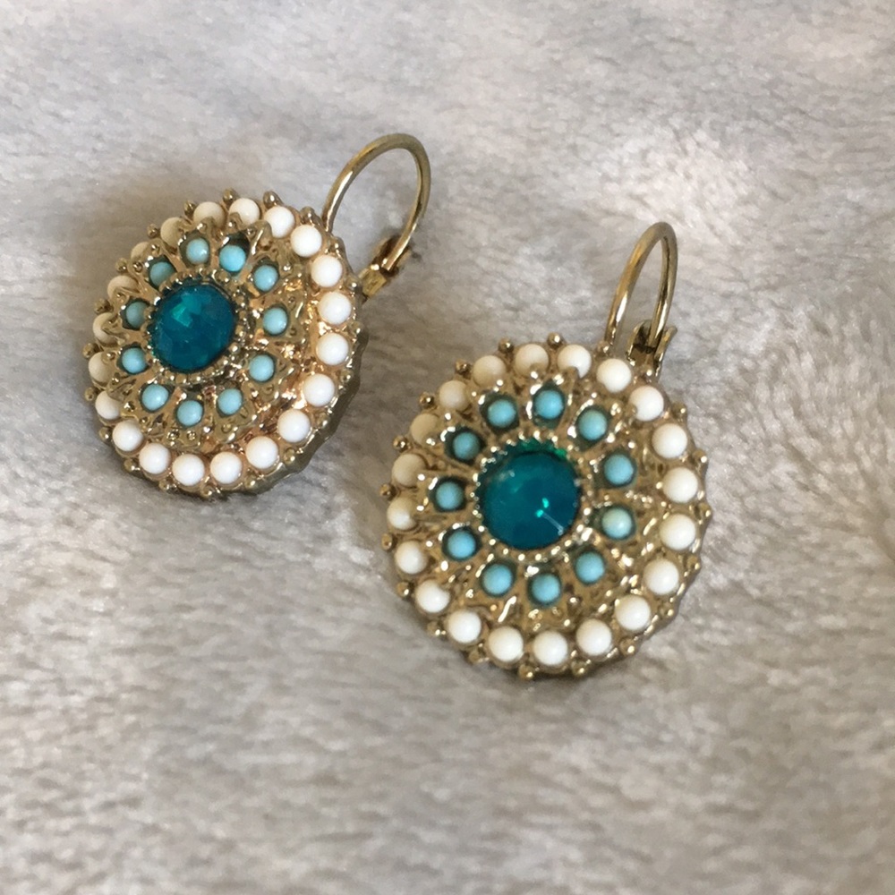 Aqua & Sand Colored Lever Back Bead Encrusted Pierced Fashion Earrings NWOT 1” - Picture 5 of 10
